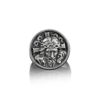 Jesus Oval Mens Signet Ring in Silver, Crucifix Ring For Family, Christian Ring For Husband, Faith Ring For Dad, Jesus Jewelry For Men