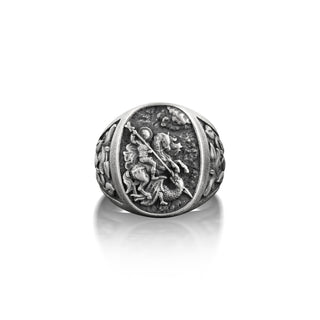St Michael Oval Signet Ring Men, Archangel Saint Michael with Floral Ornament Ring, Christian Ring For Family, Religious Ring For Husband