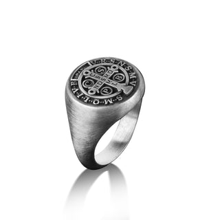 St Benedict Signet Pinky Ring for Men in Sterling Silver, Extraordinary Cross Ring in Christianity, Antique Faith Ring in Silver, Men Gifts