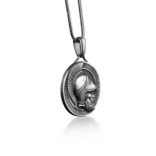 Greek Warrior Coin Necklace with Meander Ornament, Engraved Ancient Necklace For Men, Antique Coin Mens Pendant in Silver, Cool Necklace