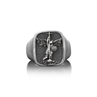 Saint Archangel Michael Christian Pinky Ring for Men in Silver, St Michael Square Signet Ring For Men, Religious Mens Gift Ring in Silver