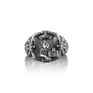 Saint Mark Lion Men Signet Ring, Evangelist Lion Cross Pattern Ring, 925 Sterling Silver Ring for Men, Chunky Mens Rings, Religous Jewelry