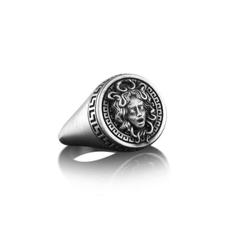 Medusa Pinky Signet Ring For Men, Greek Mythology Engraved Gorgon Ring in Silver, Fantasy Serpent Ring For Boyfriend, Ancient Ring For Dad