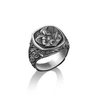 Spartan Greek Solider Signet Ring for Men in Sterling Silver, Greek Mythology Pinky Ring, Rings for Men, Victorian Pattern with Greek Ring