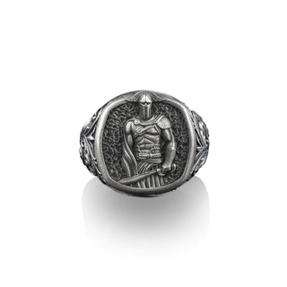 Spartan Warrior Signet Ring for Men in Silver, Ancient Greek Mythology Ring, Leonidas Men Ring, Victorian Pattern with Gorgon Ring, Men Gift