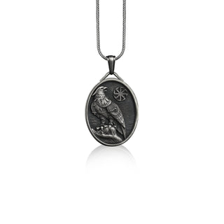 Handmade viking eagle oval pendant necklace in silver, Personalized animal necklace for mama, Norse mythology jewelry