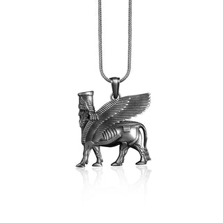 Assyrian Silver Men Necklace, Lamassu Pendant, Assyrian Winged Bull Necklace, Human Headed Mythical Creature Dad Necklace, Silver Men's Gift