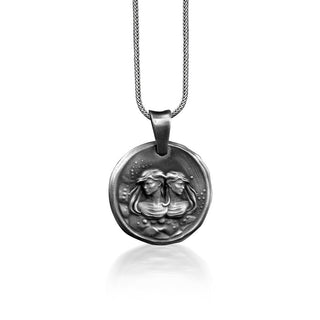 Gemini Astrology Necklace For Mama, Oxidized Zodiac Sign Coin Necklace in Silver, Horoscope Necklace For Girlfriend, Mom of Twins Gift