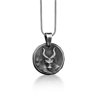 Taurus Zodiac Sign Coin Necklace, Engraved Bull Astrology Necklace For Best Friend, Oxidized Horoscope Necklace in Silver, Dad Birthday Gift