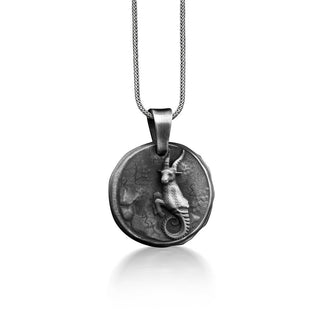 Capricorn Horoscope Necklace in Silver, Engraved Sea Goat Astrology Necklace For Family, Zodiac Sign Coin Necklace For Dad, Birthday Gift