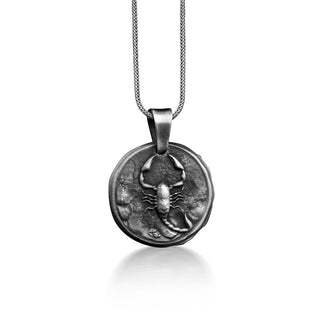 Scorpio Astrology Necklace in Silver, Engraved Scorpion Horoscope Necklace For Dad, Zodiac Sign Coin Necklace For Husband, Scorpio Gift