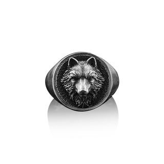Wolf Handmade Signet Ring, Sterling Silver Wolf Pinky Men Ring, Silver Wolf Head Jewelry, 3D Wolf Head Gift, Animal Ring, Memorial Men Gift