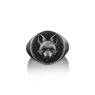 Fox Handmade Signet Ring, Sterling Silver Fox Pinky Men Ring, Silver 3D Fox Head Jewelry, Animal Ring, 3D Fox Head Gift, Memorial Men's Gift