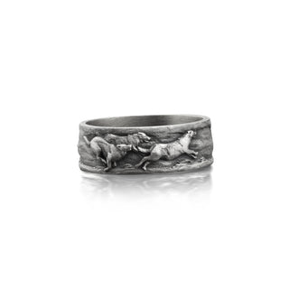 Wolf Family Silver Mens Nature Ring, Engraved Wolf Oxidized Promise Ring For Men, Silver Animal Ring For Boyfriend, Mens Wedding Band Ring