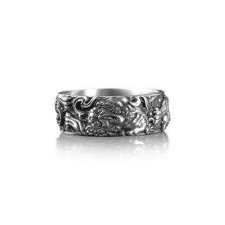 Chinese Tiger Band Ring for Men, Traditional Ornament Ring in Sterling Silver Ring, Ring for Men, Chinese Tiger Silver Jewelry, Ethnic Ring