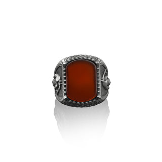 Sterling silver egptian god Anubis engraved carnelian gemstone ring for him, Anubis red agate stone men ring, Handmade cushion signet ring