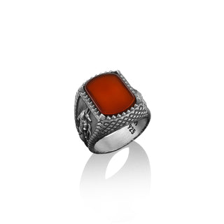 Sterling silver egptian god Anubis engraved carnelian gemstone ring for him, Anubis red agate stone men ring, Handmade cushion signet ring