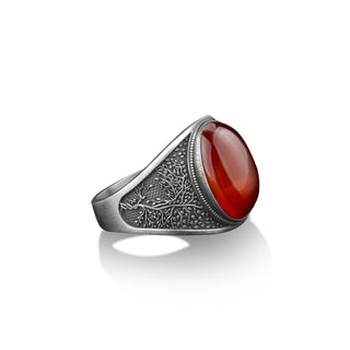 Tree of life engraved red agate gemstone ring in 925 sterling silver, Yggdrasill family tree red agate stone men ring, Elegant signet ring