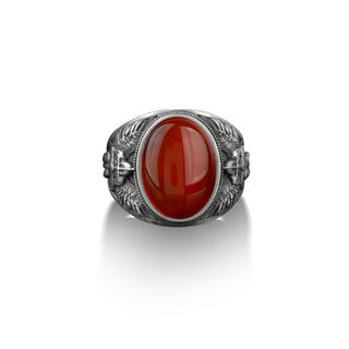 Saint Michael the Archangel red agate silver ring for men, Carnelian gemstone christian man rings in sterling silver, Catholic men gift ring