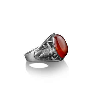 925 sterling silver taurus engraved on the sides signet ring with red agate gemstone, Handmade zodiac sign ring, Carnelian stone men ring
