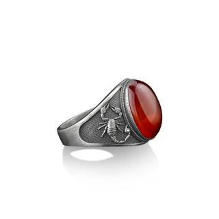 925 sterling silver scorpion signet men ring with carnelian stone, Red agate ring for men, Handmade red gemstone ring, meaningful men ring