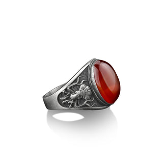 Silver sailor octopus with red agate stone men ring , Red agate signet ring, Unique pirate ring in sterling silver, Carnelian stone men ring