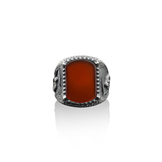 Azrael sterling silver carnelian men ring, 925 silver gothic ring, Red agate gemstone man ring, Carnelian jewelry, Punk ring, Husband gift