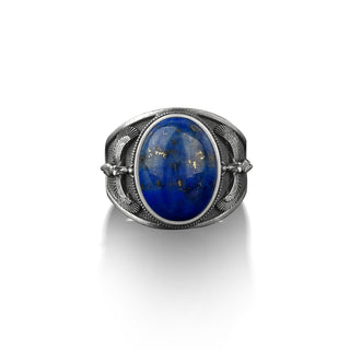 Isis the egyptian goddess of the moon with wings men ring, Lapis lazuli oval gemstone man ring, Ancient egyptian divinity mythology rings