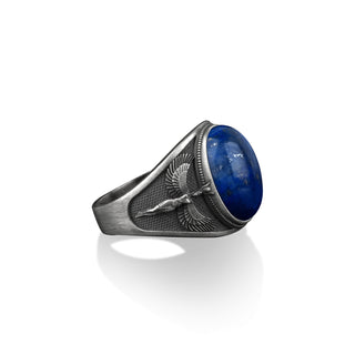 Isis the egyptian goddess of the moon with wings men ring, Lapis lazuli oval gemstone man ring, Ancient egyptian divinity mythology rings