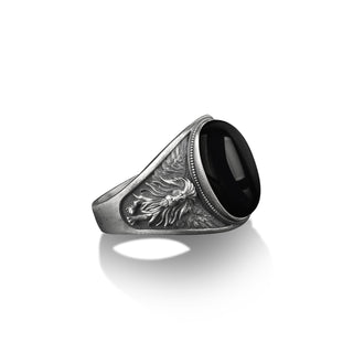 Winged lion with onyx gemstone ring for men in sterling silver, Zodiac leo men ring, Lion signet pinky ring, Jewelry for men, Onyx lion ring