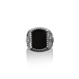 Greek god Posedion black onyx gemstone ring in 925 sterling for men, silver with Neptune and sailors motif, Roman god of the seas rings