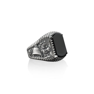 Greek god Posedion black onyx gemstone ring in 925 sterling for men, silver with Neptune and sailors motif, Roman god of the seas rings