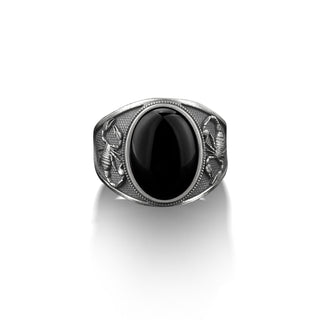 Scorpion silver signet men's ring, Black onyx signet man ring, Oval onyx silver scorpion ring, Onyx man gift ring, Husband silver gift rings