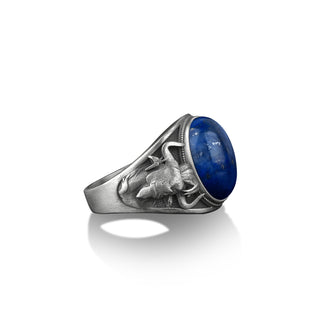 Bull head engraved Lapis lazuli gemstone ring for men, Taurus ring sterling silver, Oxidized zodiac sign ring for him and her, Zodiac gifts