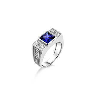 Signet sapphire stone ring for men, Greek symbol with blue sapphire ring for men, 925 silver blue stone men ring, Gift ring for men