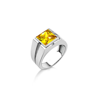 Yellow citrine silver statement ring for men, Clear citrine men solitaire ring for dad, Square cut stone ring for boyfriend, Gift jewelry