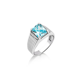 Blue topz signet ring for men in sterling silver, Blue gemstone statement men ring, Rectangle cut stone ring for fad, Aqua marine men ring