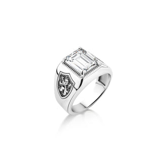 Qurtz stone scottish men ring in sterling silver, Square cut cubic zirconia ring with engraved rampant lion, White zircon ring for husband