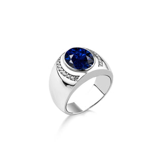 Sterling silver blue sapphire ring for men and cubic zirconia, Unique men elegant ring with blue gemstone, Wide band ring, Sapphire men ring