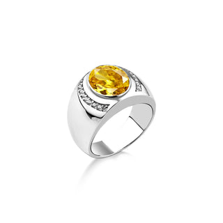 Big silver ring with yellow citrine and cubic zirconia, Unique mens elegant ring with yellow gemstone, Wide band ring