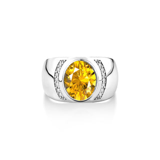 Big silver ring with yellow citrine and cubic zirconia, Unique mens elegant ring with yellow gemstone, Wide band ring
