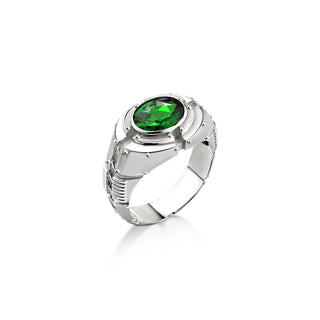 Emerald oval cut stone mens engagement ring in sterling silver, Green emerald promise ring for men, Futuristic ring for dad, Green jade ring