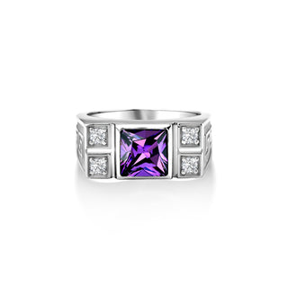 Amethyst mens silver signet ring with pave CZ, Square cut purple stone ring with engraved greek motif, Unique mens ring, Jewelry for men