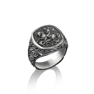 St. George of Lydda And Dragon Square Ring for Men in Sterling Silver, Christian Mens Ring, Catholic Gifts for Women, Pinky Rings for Women
