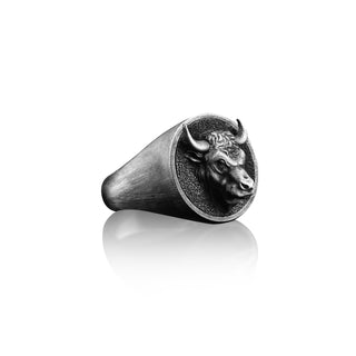 Zodiac Taurus Bull Signet Ring for Men in Sterling Silver, Bull Pinky Men Ring, Silver 3D Bull Head Jewelry, Animal Ring, Zodiac Men Jewelry