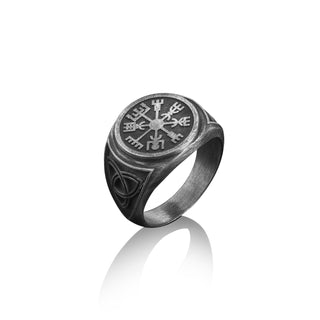 Vegvísir and Trinity Knot on Side Handmade Sterling Silver Men Signet Ring, Viking Wayfinder Men Jewelry, Mythology Ring, Ring For Men