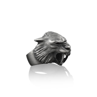 Saber toothed tiger 925 sterling silver ring for men, Predator cat unique mens ring for boyfriend, One of a kind ring