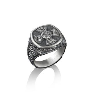 Celtic Cross with Victorian Pattern Ring for Men in Silver, Scandinavian Signet Ring, Engraved Viking Pinky Rings for Women, Ring For Mens
