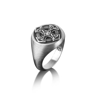 Celtic Cross Pinky Signet Ring For Men, Oxidized Celtic Mythology Ring in Sterling Silver, Nordic Christian Ring For Family, Faith Ring