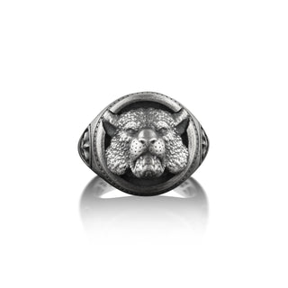 Lion with Intaglio Fleur De Lis Ring, Oxidized Sterling Silver Signet Ring For Men, Leo Ring For Boyfriend, Silver Animal Ring For Husband